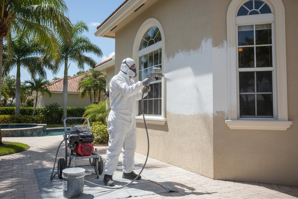 Exterior protective coating application on Naples Florida stucco home