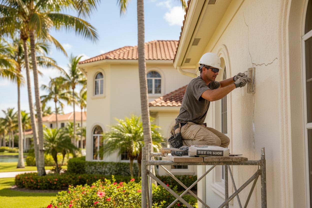 Stucco crack repair on Naples Florida home exterior wall