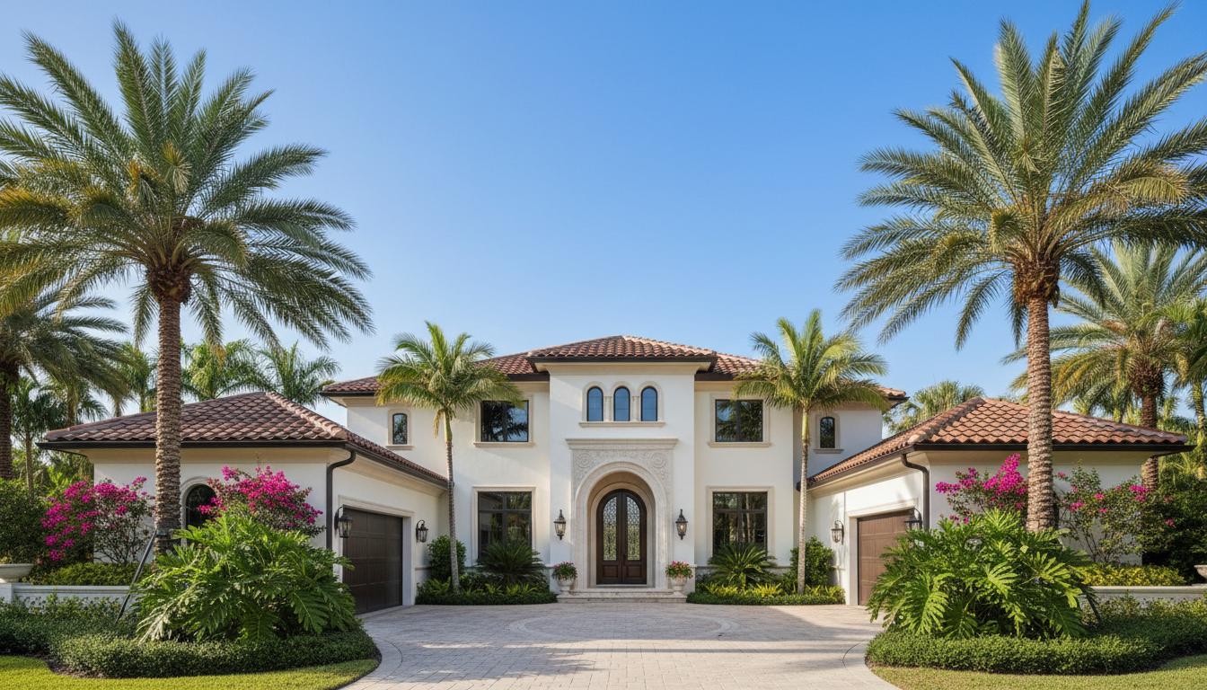 Beautiful Naples Florida home exterior with Mediterranean architecture, terracotta roof tiles, and tropical landscaping